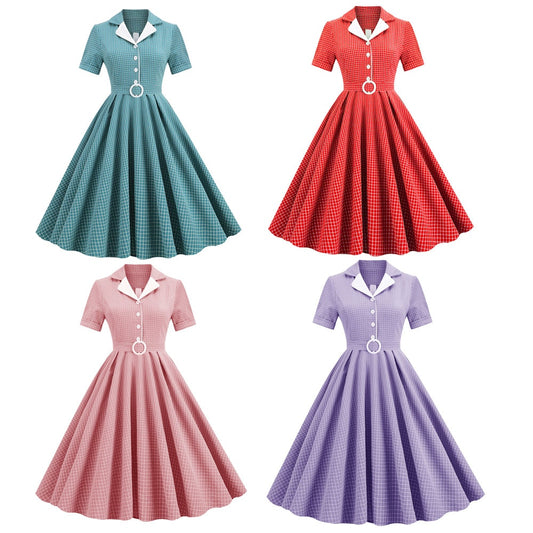 Women Vintage Pink Plaid Dress With Belt Rockabilly Cocktail Party 1950s 40s Swing Dress Casual Dress Short Sleeves