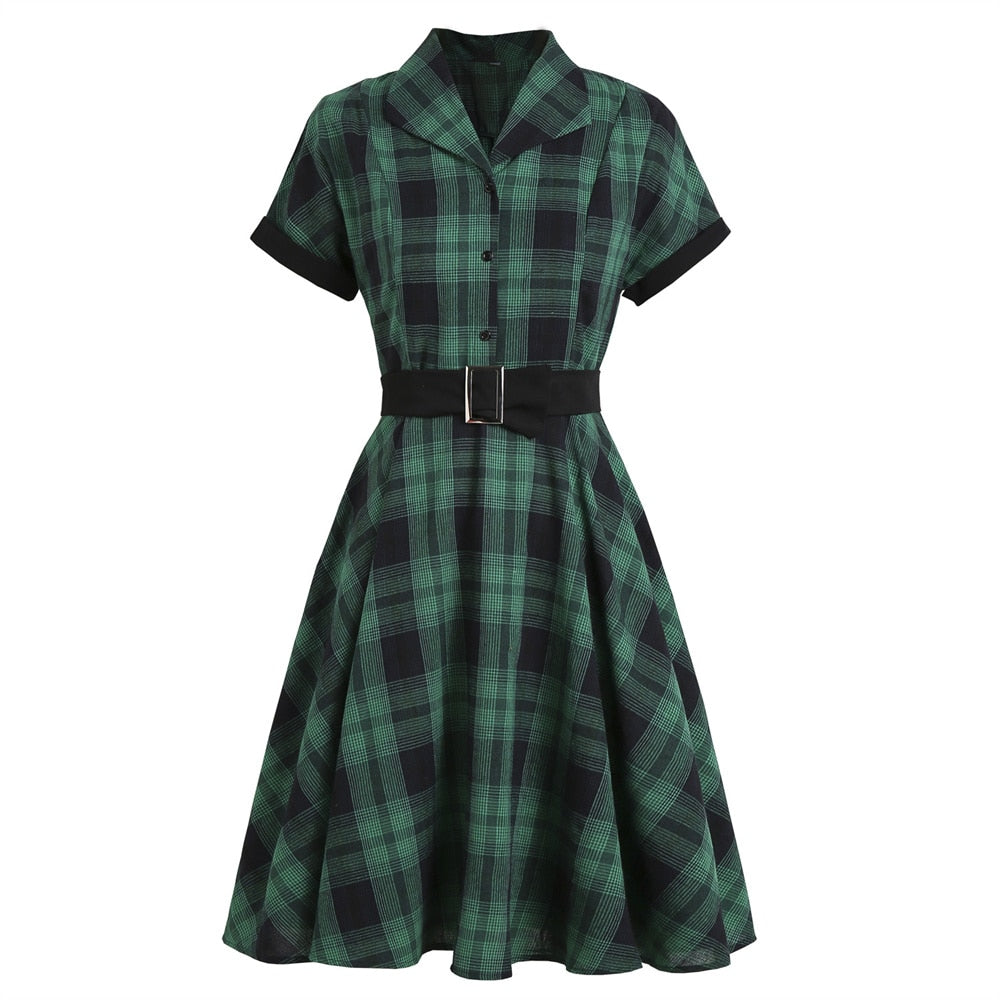 Women Vintage Plaid Dress Retro Rockabilly Cocktail Party 1950s 40s Swing Dress Summer Dress Casual Short Sleeves