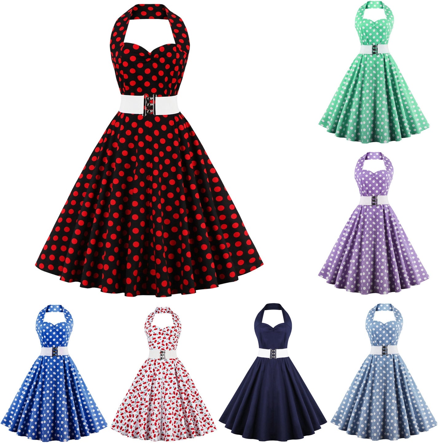 Women Vintage Halterneck Dress Polka Dot Rockabilly Cocktail Party Elegant Dress 1950s 40s Swing Dress 2023 Summer Dress