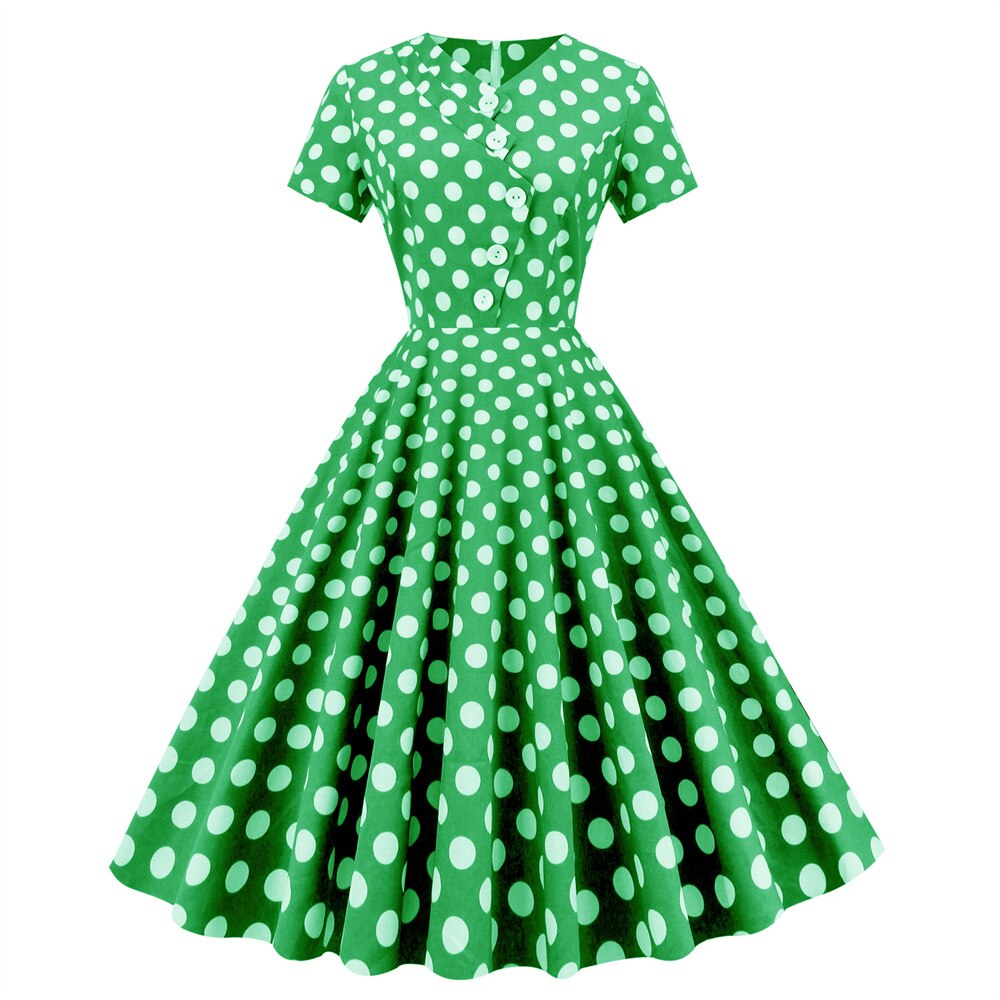 Women Vintage Polka Dots Dress Asymmetrical Rockabilly Cocktail Party 1950s 40s Swing Dress Summer Dress Short Sleeves