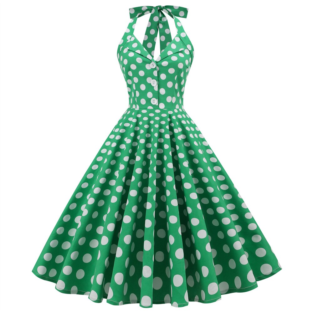 Women Vintage Halterneck Dress With Pockets Retro Rockabilly Plaid Dot Cocktail Party 1950s 40S Swing Dress Summer Dress Casual