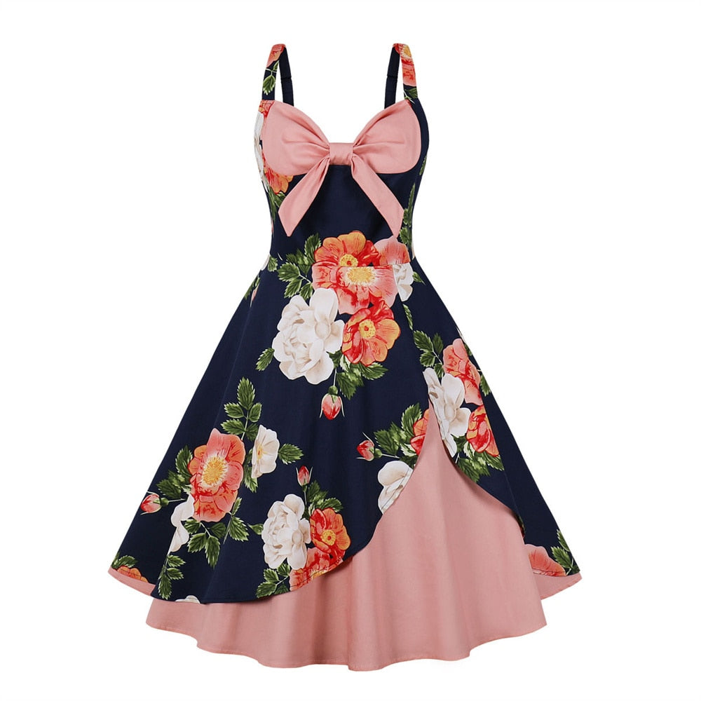 Women Vintage Pattern Print Dress Retro Rockabilly Strap Suspenders Cocktail Party 1950s 40s Swing Dress Summer Dress Sleeveless