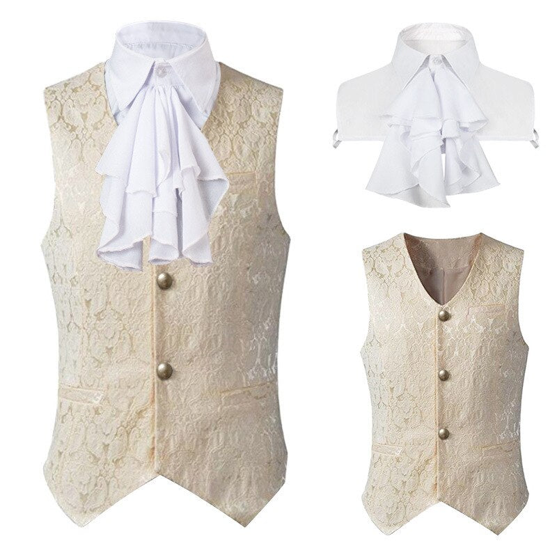 Men Gothic Steampunk Vest With Fake Ruffles Collar Jcquard Brocade Waistcoat Medieval Ranassance Tops Victorian Vintage Costume