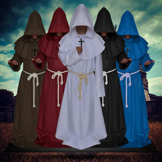 Men Hooded Robe Monk Knight Cosplay Costume Wizard Vampire Medieval Renaissance Robe Cloak Cape Fancy Halloween