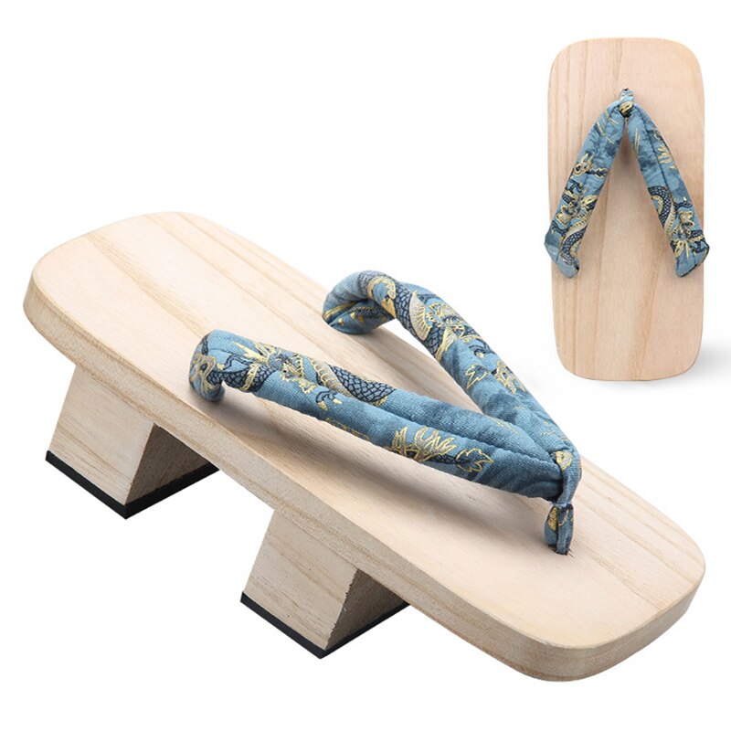 Men Japanese Geta Clogs Traditional Samurai Dragon Print Yukata Wooden Flip Flops Two-Teeth Toe Shoes Oriental Sandals Slippers