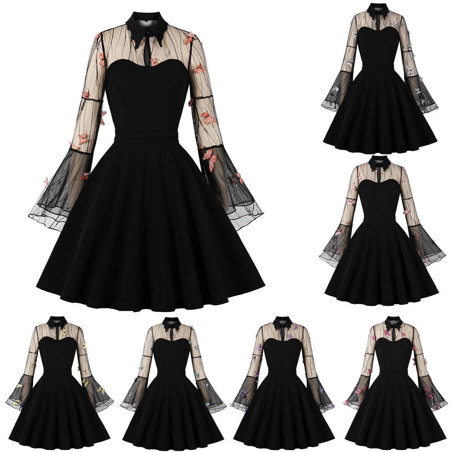 Gothic Black Butterfly Dress Women Vintage Mesh Cocktail Dresses Draped Skater Dress 2023 Medieval Dress Flare Sleeve