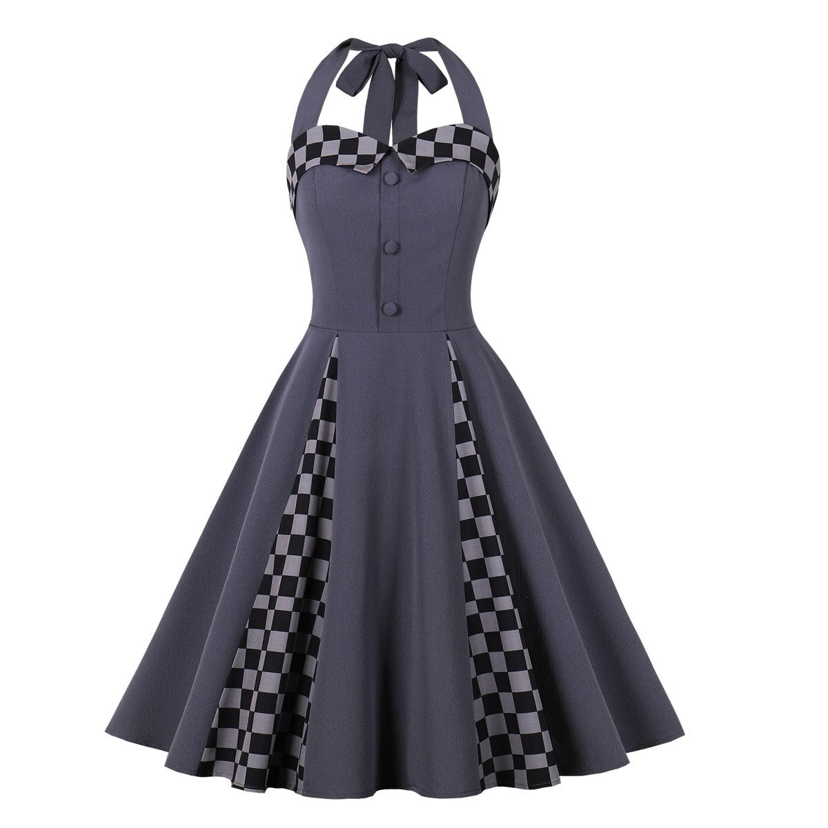 Women Vintage Halterneck Dress Plaid Rockabilly Cocktail Party Elegant Dress 1950s 40s Swing Dress Summer Dress