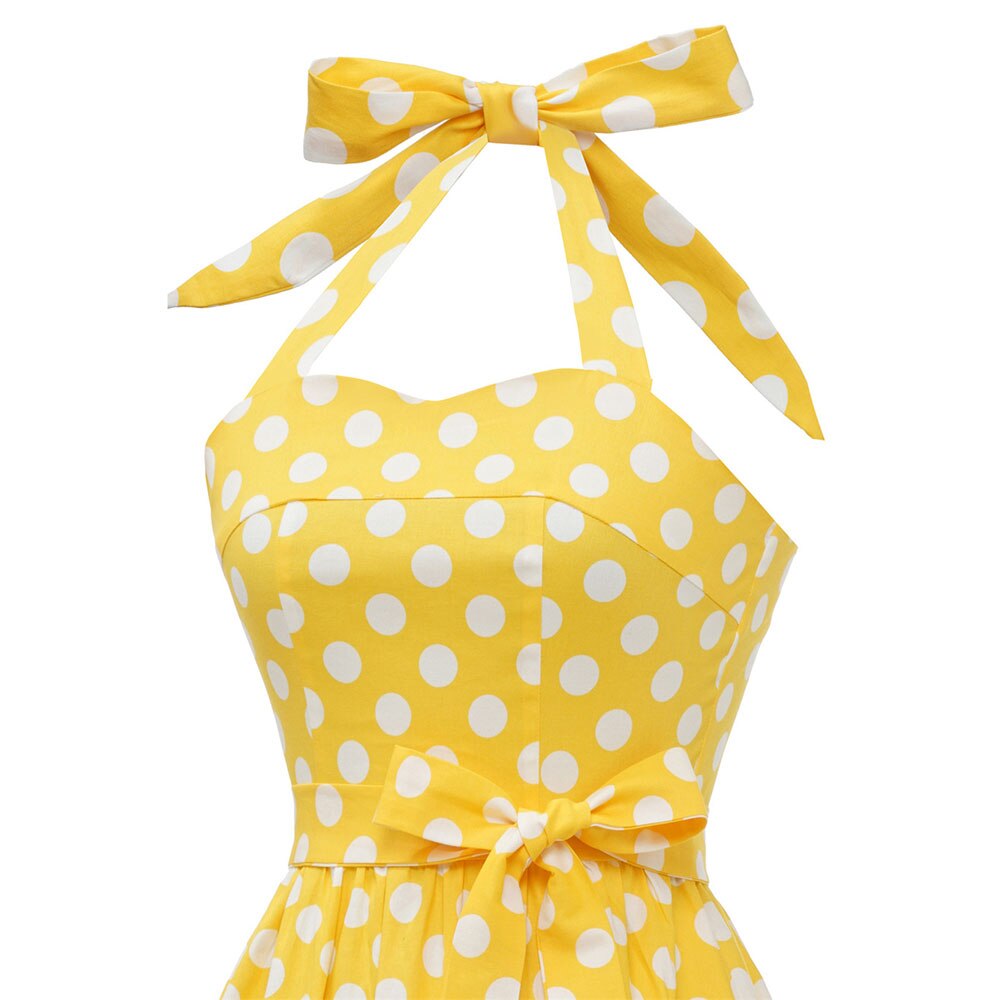 Women Vintage Halterneck Dress Retro Rockabilly Polka Dot Cocktail Party 1950s 40S Swing Dress Summer Dress Yellow Beach Dress