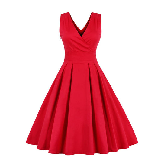 Women Vintage V-Neck Dress Retro Rockabilly 2023 Pleated Dress Cocktail Party 1950s 40s Swing Dress Summer Dress Sleeveless