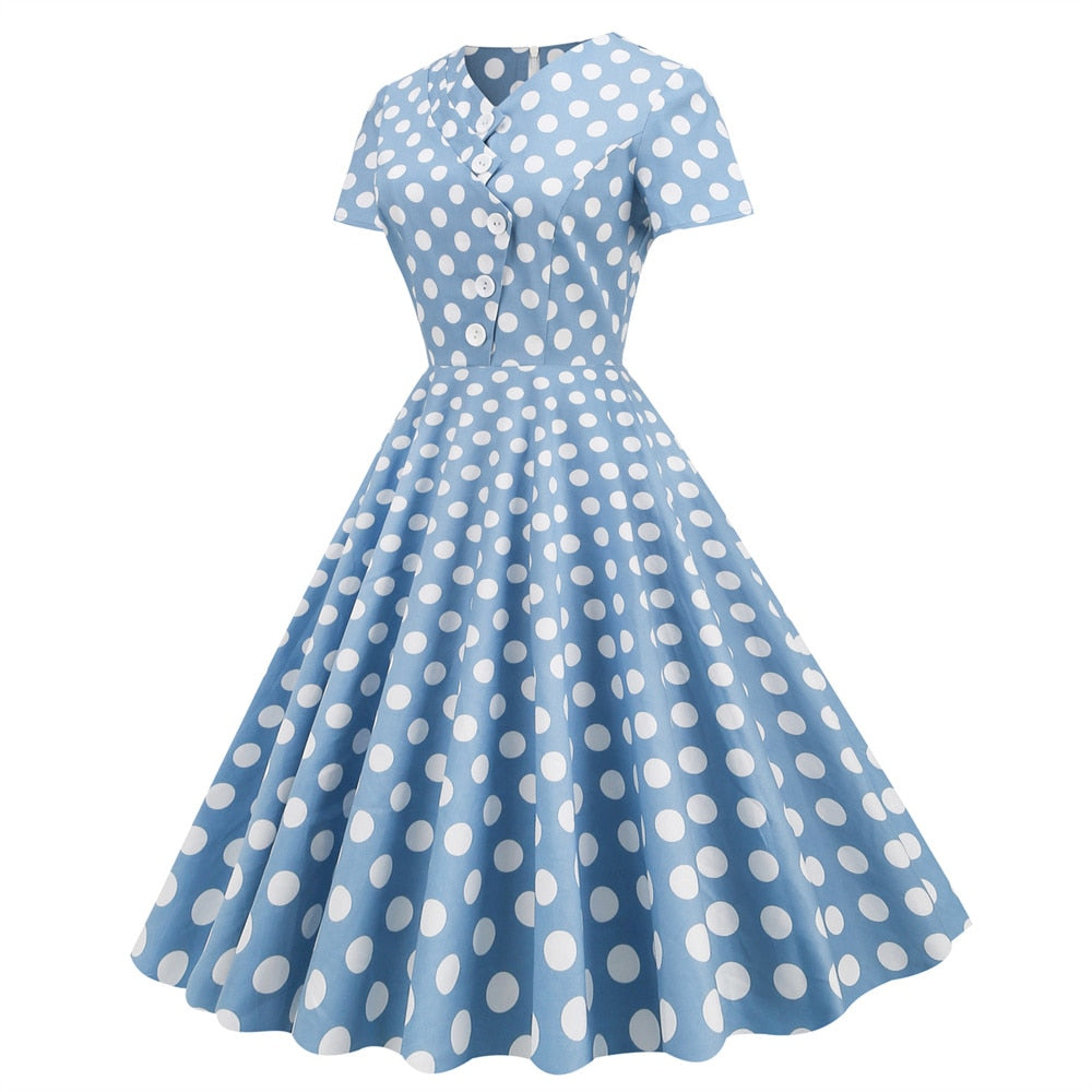 Women Vintage Polka Dots Dress Asymmetrical Rockabilly Cocktail Party 1950s 40s Swing Dress Summer Dress Short Sleeves