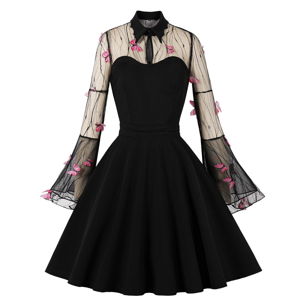 Gothic Black Butterfly Dress Women Vintage Mesh Cocktail Dresses Draped Skater Dress 2023 Medieval Dress Flare Sleeve