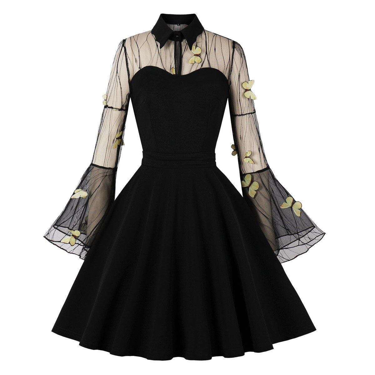 Gothic Black Butterfly Dress Women Vintage Mesh Cocktail Dresses Draped Skater Dress 2023 Medieval Dress Flare Sleeve