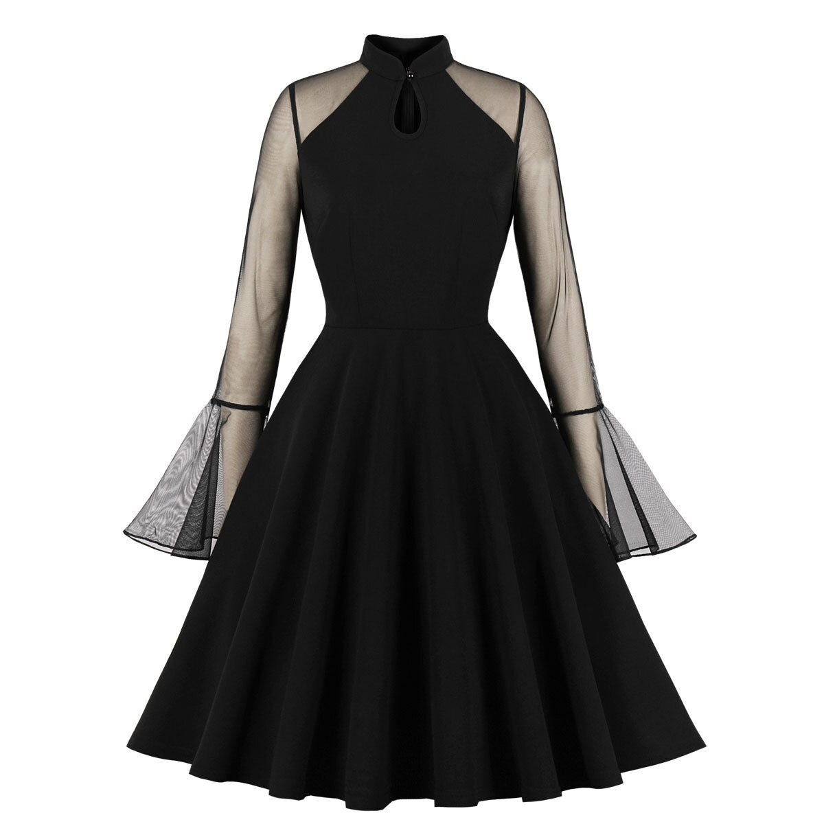 Gothic Black Flower Queen Dress Women Vintage Medieval Dress Mesh Cocktail Dresses Skater Dress 2023 Flare Sleeve Halloween