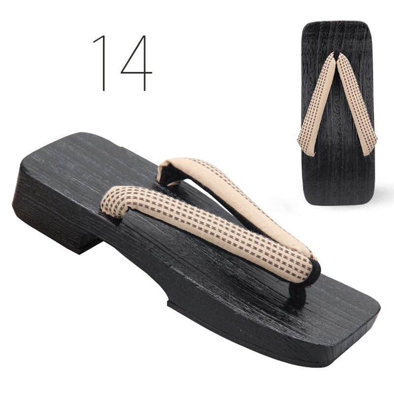 Men Japanese Geta Clogs Traditional Samurai Texture Print Yukata Wooden Flip Flops Toe Shoes Oriental Sandals Slippers