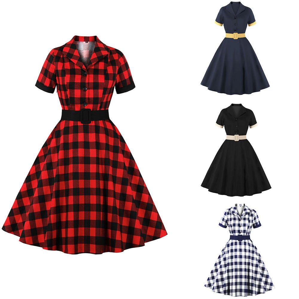 Women Vintage Plaid Dress Retro Rockabilly V-Neck Cocktail Party 1950s 40s Swing Dress Summer Dress Short Sleeves