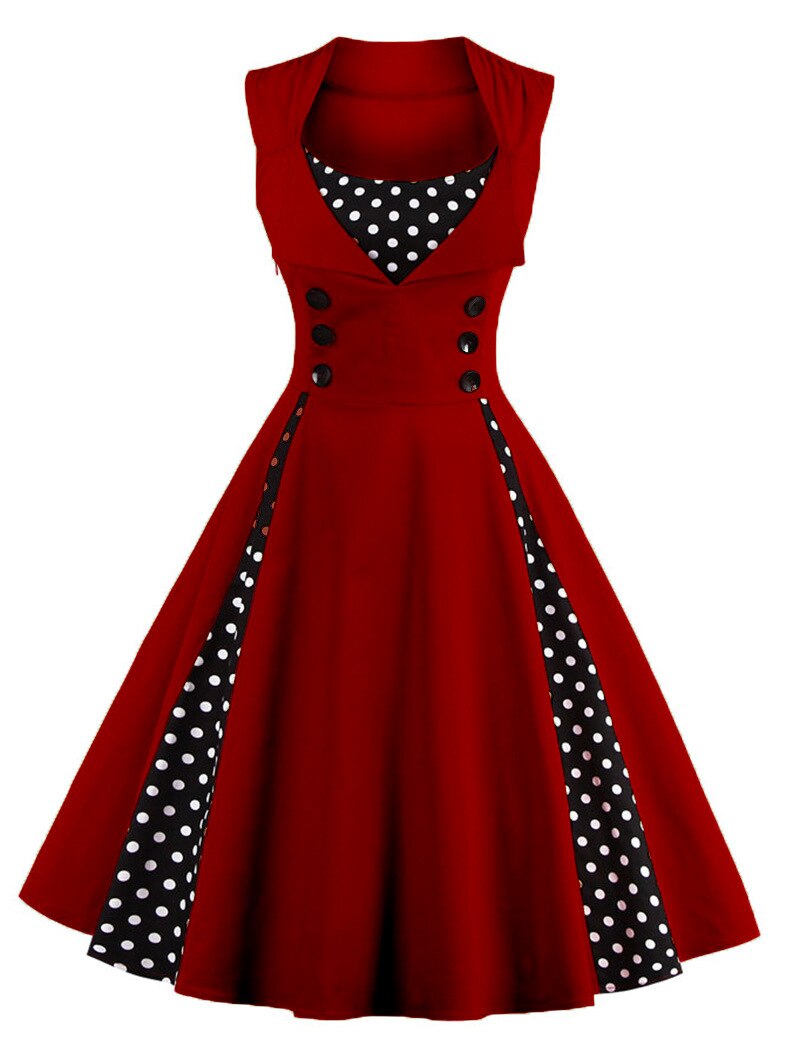 Women Vintage Dress Retro Rockabilly Cocktail Party Polka Dot Dress Pleated 1950s 40s Swing Dress Summer Dress Sleeveless