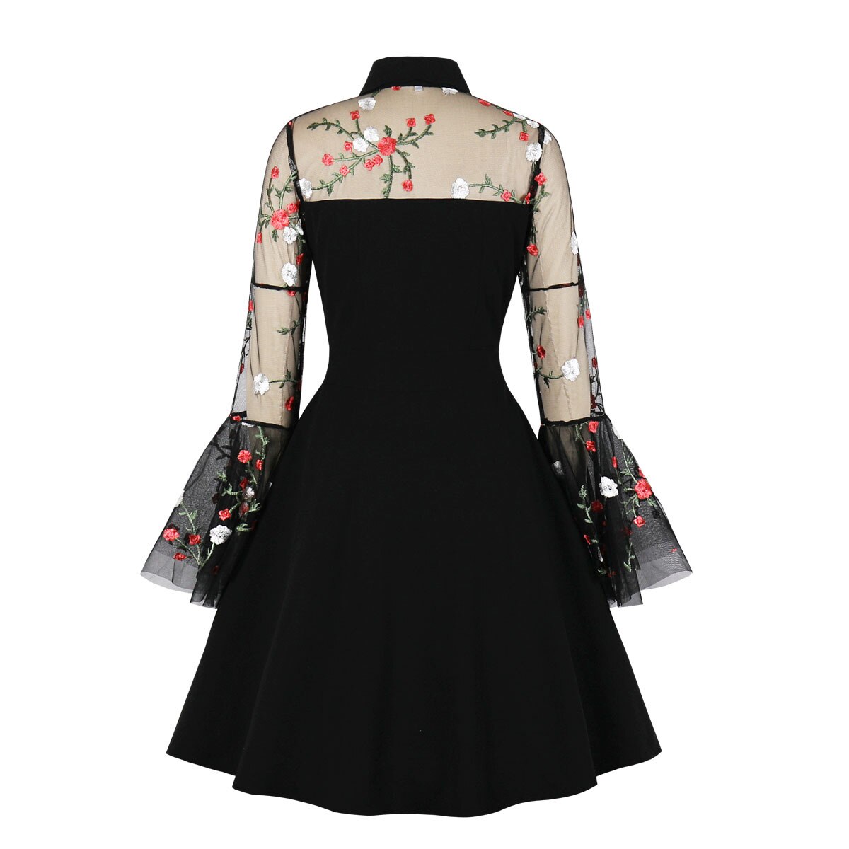 Gothic Black Flower Embroidery Dress Women Vintage Mesh Cocktail Dresses Skater Dress 2023 Medieval Dress Flare Sleeve Halloween