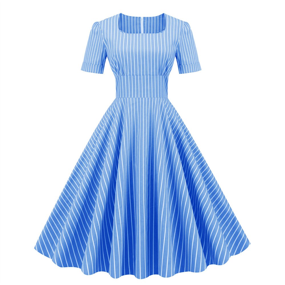 Women Vintage Striped Dress With Pockets Rockabilly Cocktail Party 1950s 40s Swing Dress Summer Dress Short Sleeves