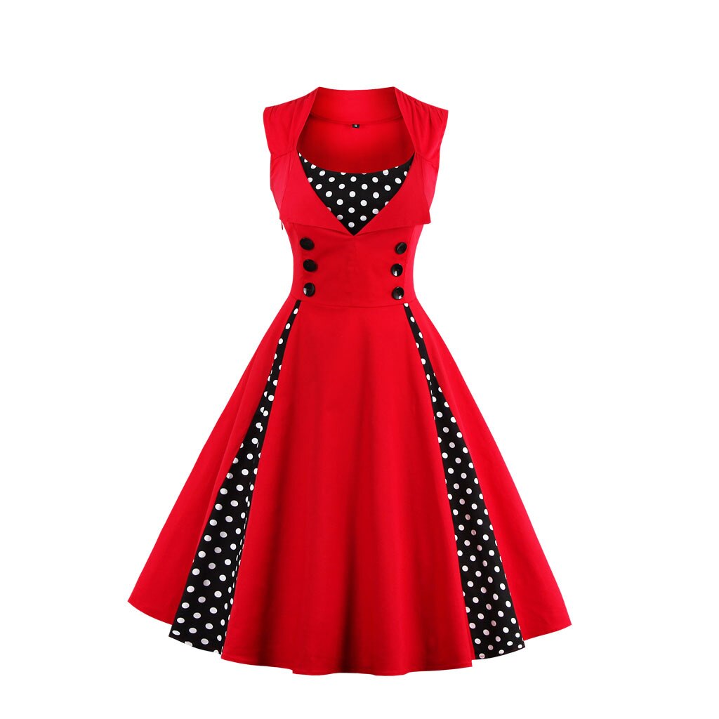 Women Vintage Dress Retro Rockabilly Cocktail Party Polka Dot Dress Pleated 1950s 40s Swing Dress Summer Dress Sleeveless