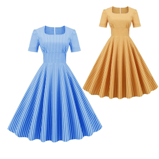 Women Vintage Striped Dress With Pockets Rockabilly Cocktail Party 1950s 40s Swing Dress Summer Dress Short Sleeves