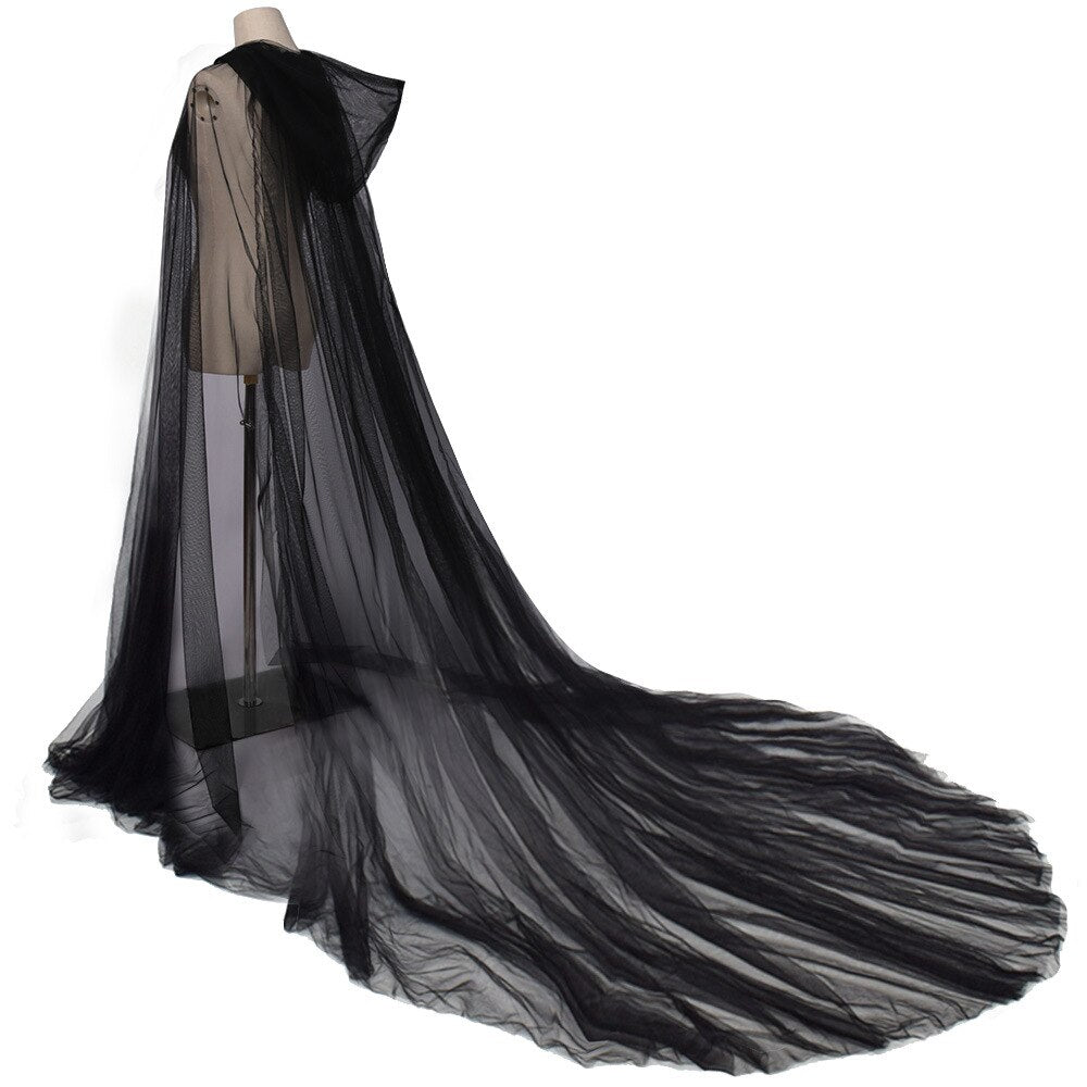 Women Black Hooded Tulle Cape Long Chiffon Medieval Net Robe Vampire Bride Sheer Haunted Cloak Costume for Adults and Teens