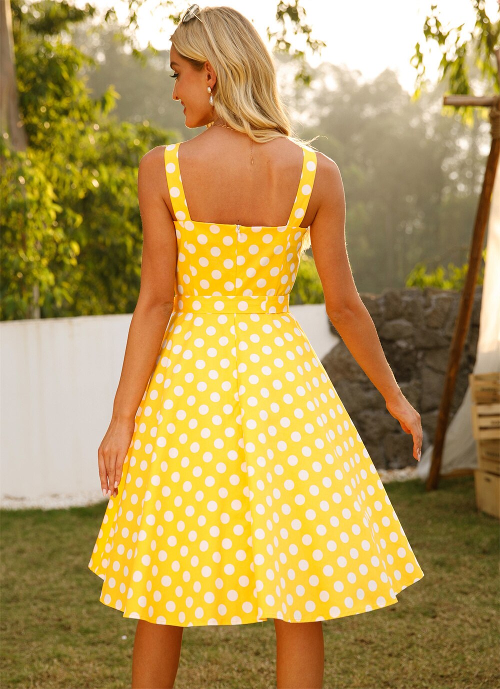 Women Vintage Yellow Polka Dots Dress Retro Rockabilly Strap Suspenders Cocktail Party 1950s 40s Swing Dress Summer Dress