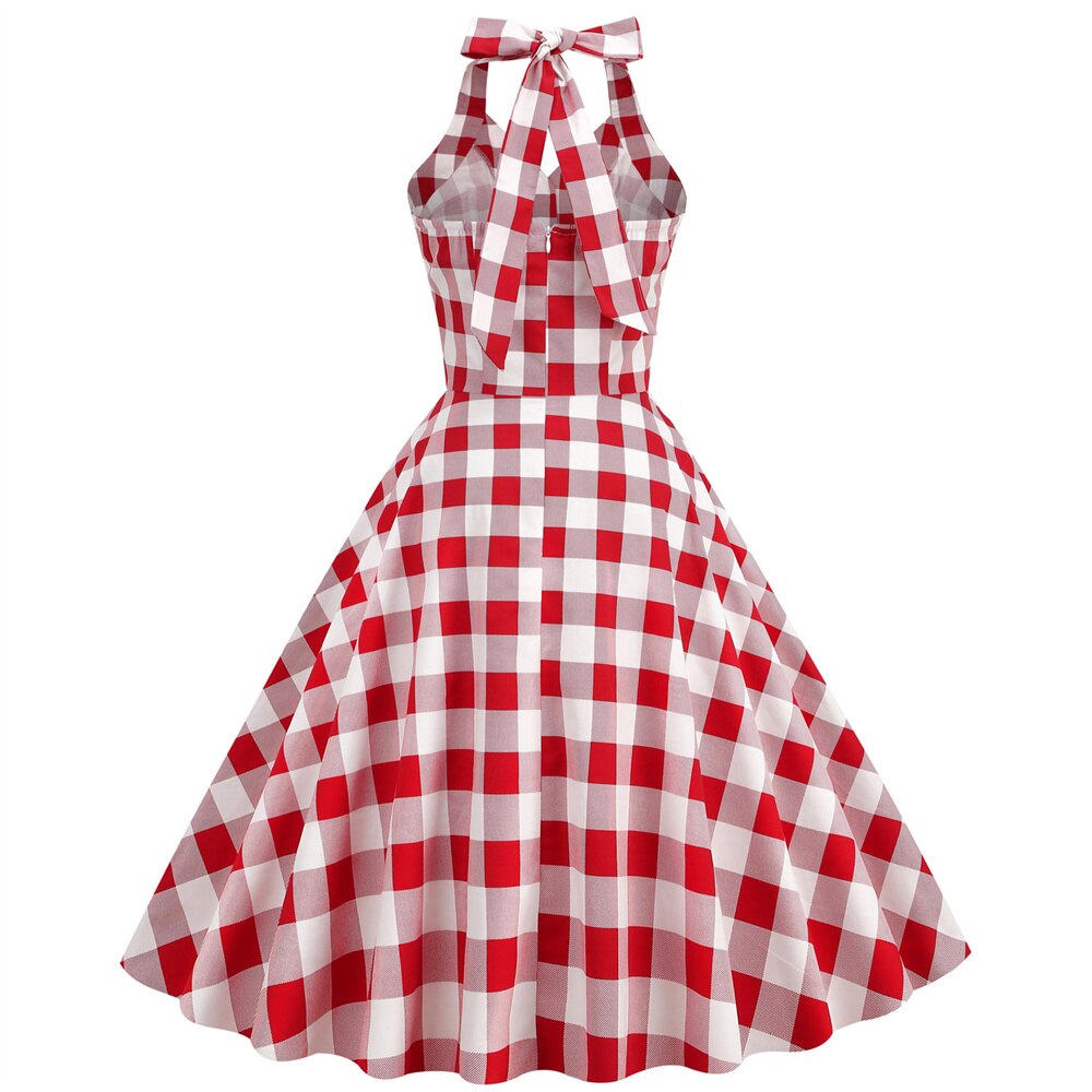 Women Vintage Halterneck Dress With Pockets Retro Rockabilly Plaid Dot Cocktail Party 1950s 40S Swing Dress Summer Dress Casual