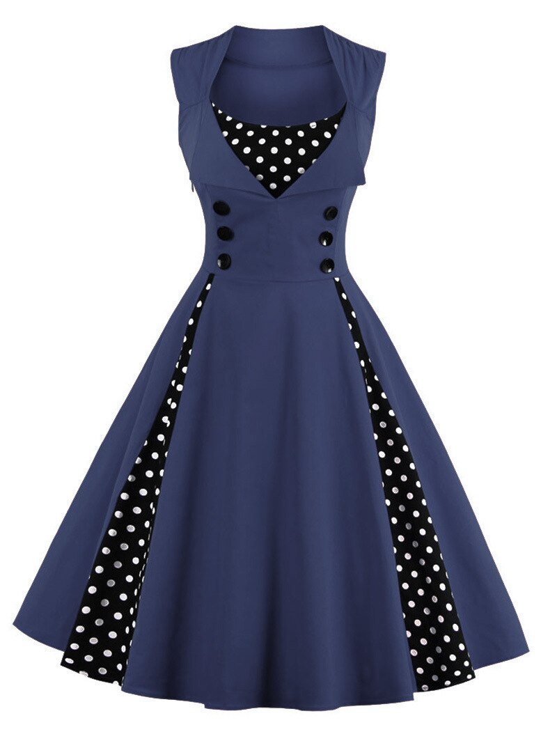 Women Vintage Dress Retro Rockabilly Cocktail Party Polka Dot Dress Pleated 1950s 40s Swing Dress Summer Dress Sleeveless