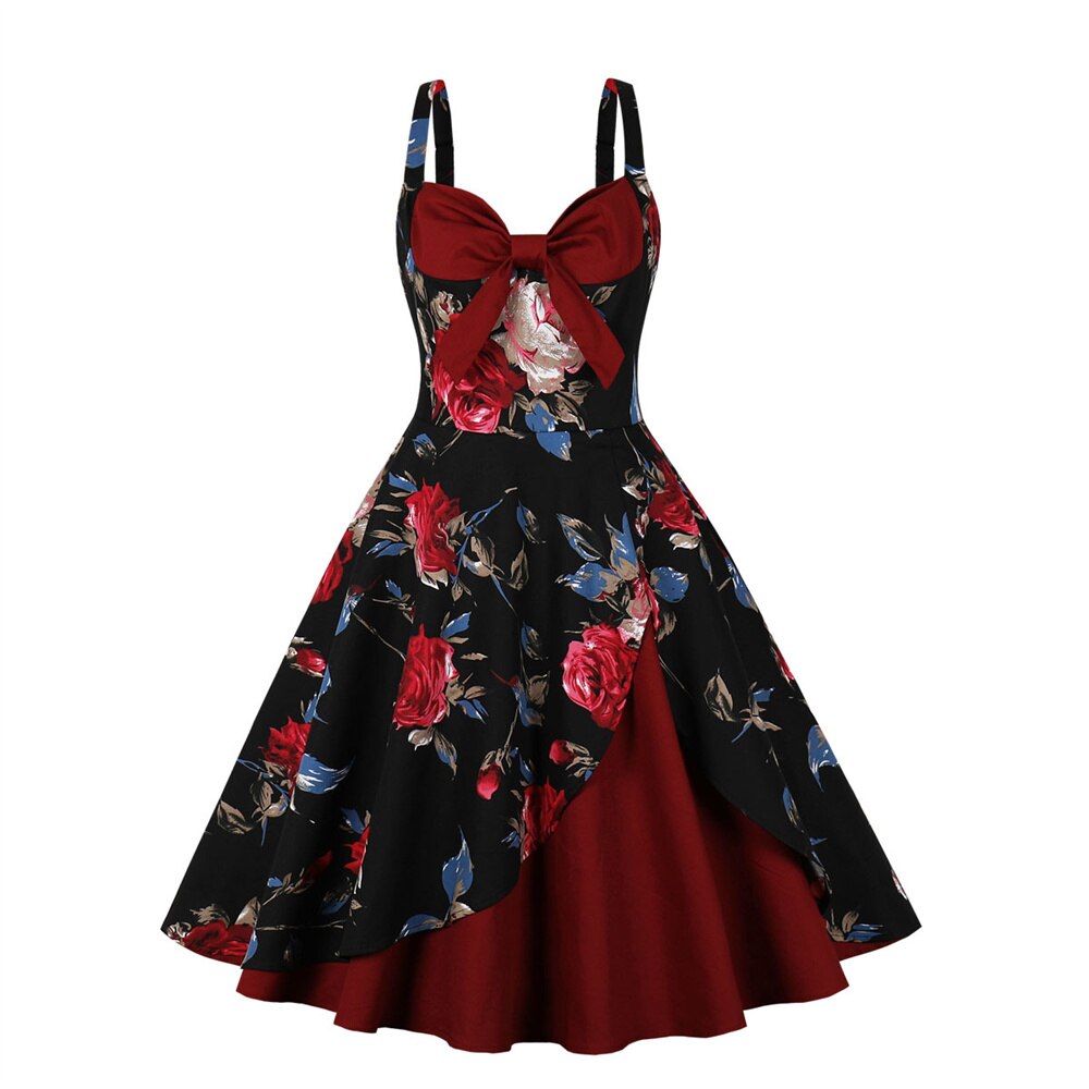 Women Vintage Pattern Print Dress Retro Rockabilly Strap Suspenders Cocktail Party 1950s 40s Swing Dress Summer Dress Sleeveless