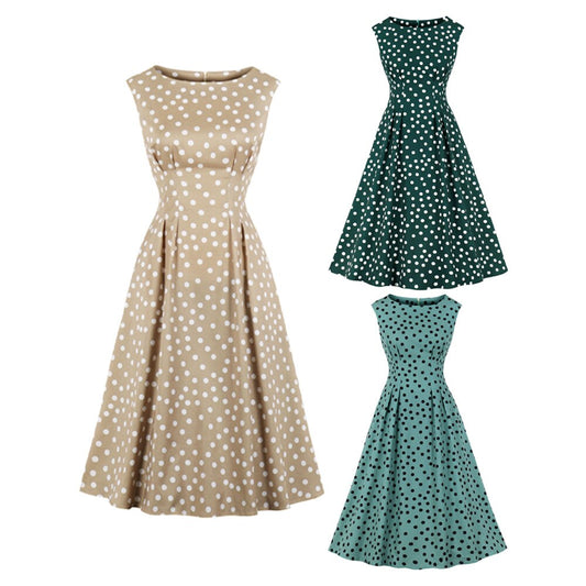 Women Vintage Polka Dot Dress With Pockets Retro Rockabilly Round Cocktail Party 1950s 40s Swing Dress Summer Dress Sleeveless