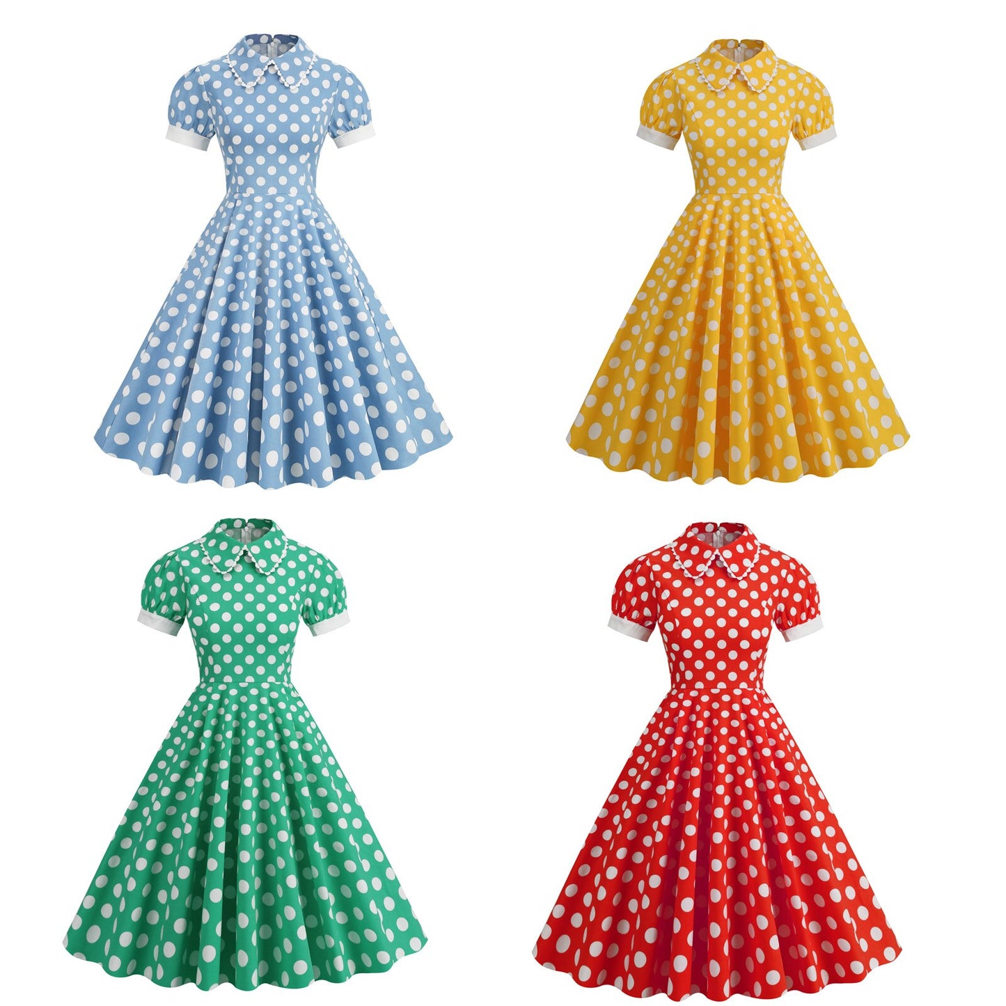 Women Vintage Pater Pan Collar Dress With Pockets Polka Dots Rockabilly Cocktail Party 1950s 40s Swing Dress Summer Dress