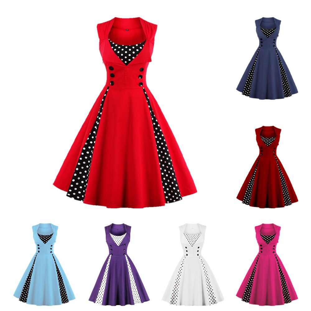 Women Vintage Dress Retro Rockabilly Cocktail Party Polka Dot Dress Pleated 1950s 40s Swing Dress Summer Dress Sleeveless