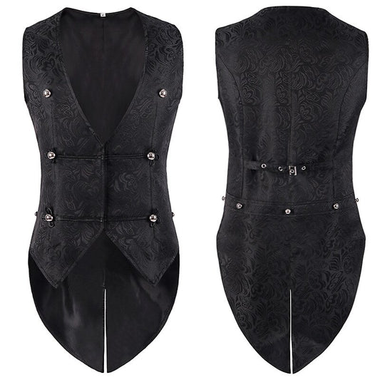 Men Gothic Steampunk Tailcoat Double Breasted Jacquard Brocade Vest Waistcoat Sleeveless Victorian Vintage Costume V-Neck