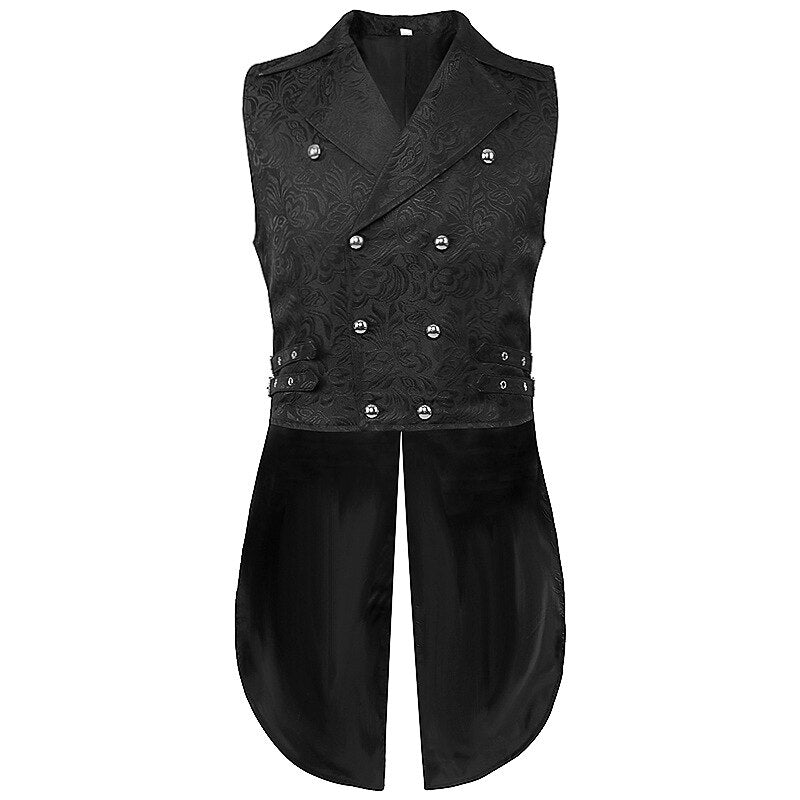 Mens Gothic Steampunk Tailcoat Double Breasted Jacquard Brocade Vest Waistcoat Sleeveless Victorian Vintage Costume