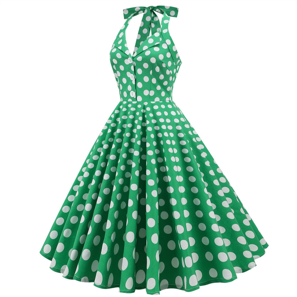 Women Vintage Halterneck Dress Retro Rockabilly 2023 Polka Dot Cocktail Party 1950s 40S Swing Dress Summer Dress Green Dress